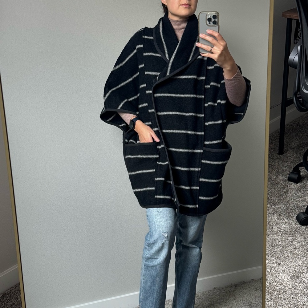 Free People Wool-Blend Striped Cape Coat – Black/Grey – XS (Oversized, Fits S–M) - Picture 5 of 16